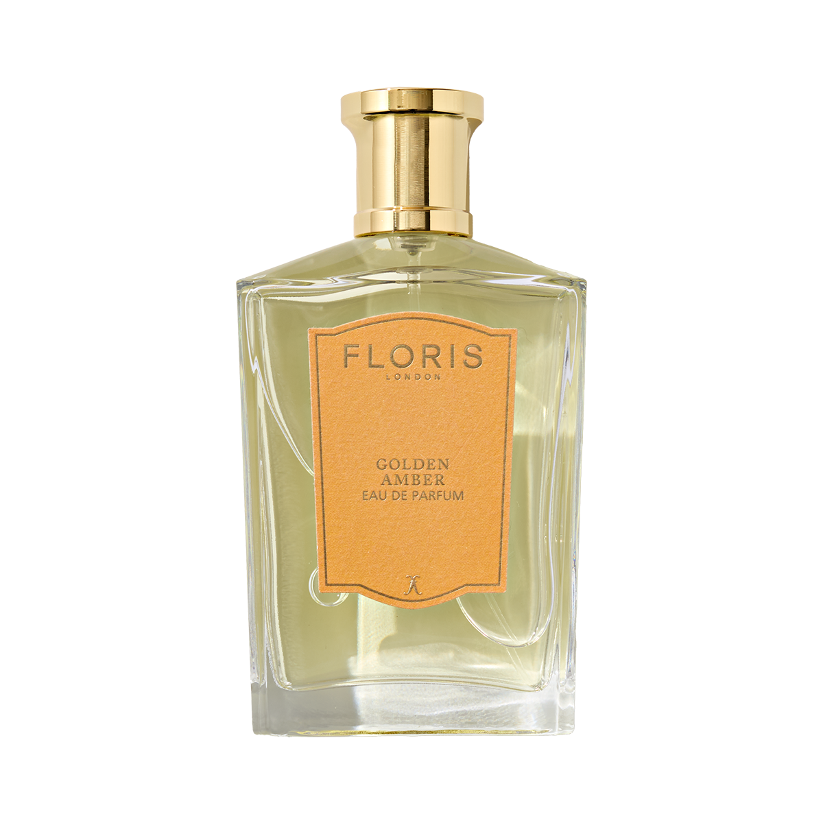 A vegan Floris London "Golden Amber - Eau de Parfum" with a gold cap and amber label.