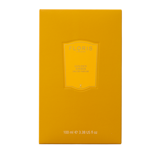 Golden Amber Eau de Parfum by Floris London, 100 ml, in a box with embossed logo and text; a vegan fragrance delight.