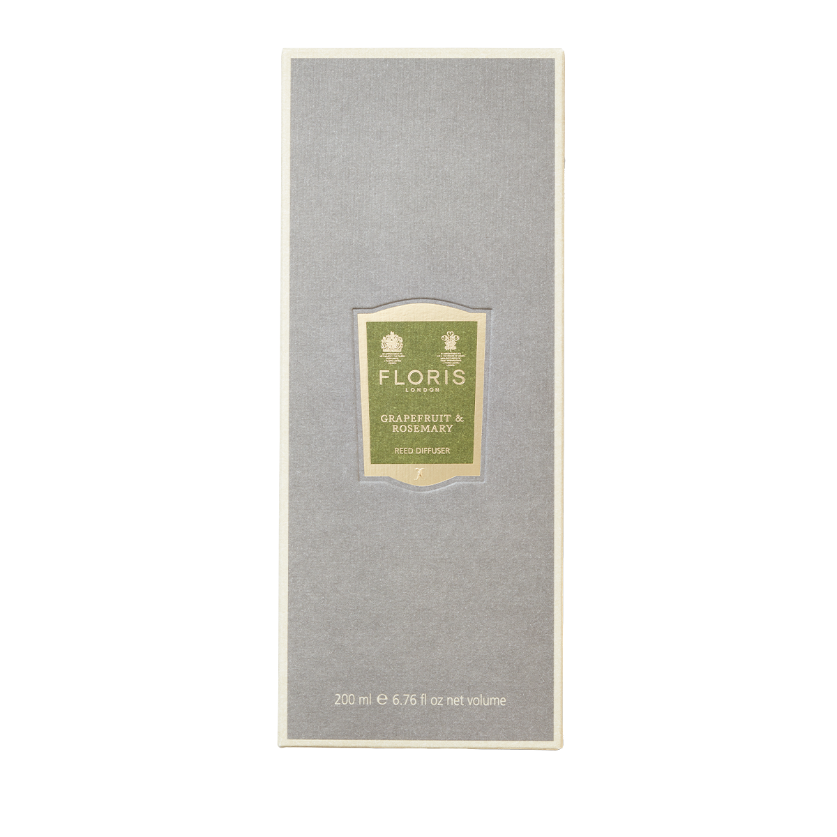 Gray packaging for a 200ml Floris London diffuser, scent: Grapefruit & Rosemary with a hint of jasmine.
