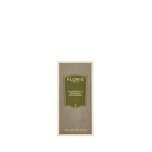 Box of Floris London Grapefruit & Rosemary Room Fragrance, 100ml, with olive green label.