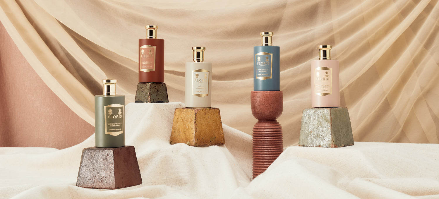 Floris London Room Fragrance range shown on metal blocks