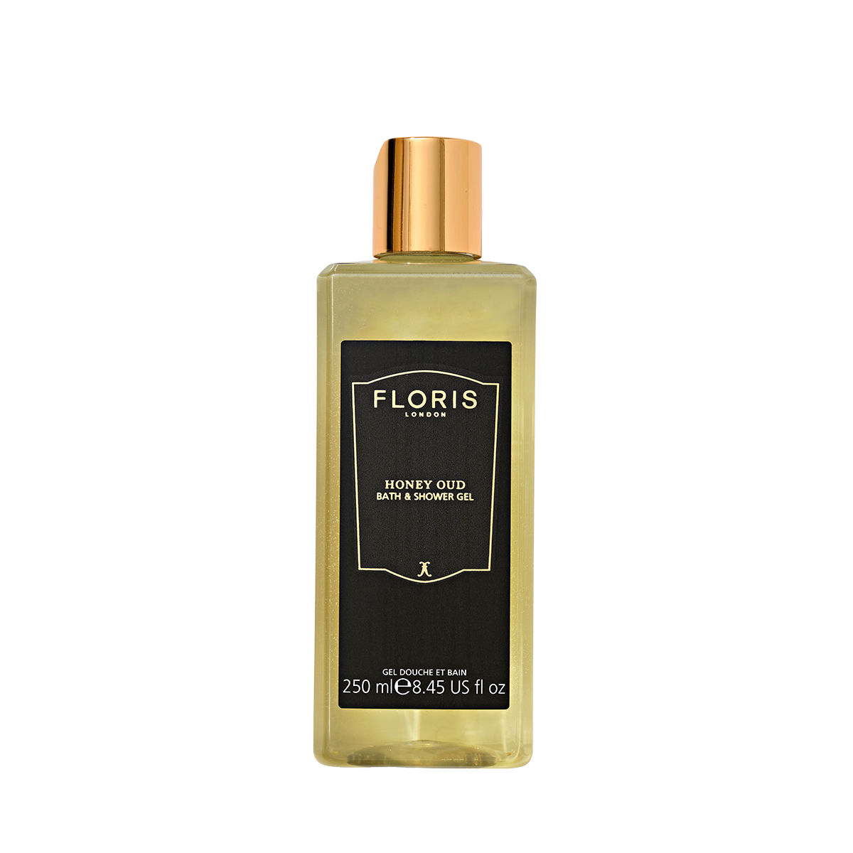 Clear 250ml bottle of Floris London UK Honey Oud Bath & Shower Gel with English honey, oud oil, black label, and gold cap.