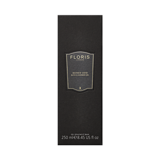 Floris London UK Honey Oud Bath & Shower Gel, 250ml—black rectangular bottle with gold and white text, enriched with oud oil and English honey.