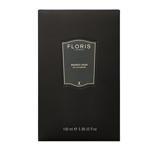 Floris London's Honey Oud Eau de Parfum (100 ml) comes in a black box, blending English honey and oud oil.
