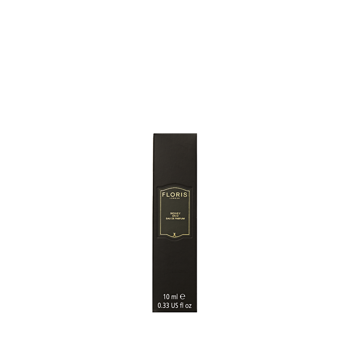 Black "Floris London" box, 10 ml Honey Oud Eau de Parfum infused with English honey essence.
