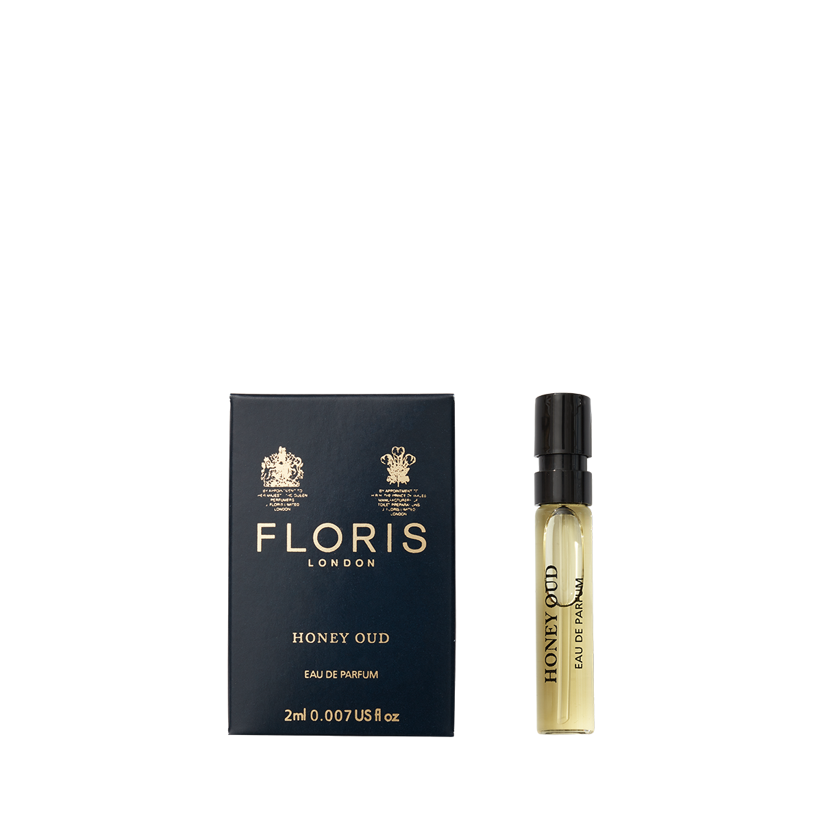 A 2ml sample of Floris London's Honey Oud eau de parfum has a black box on the left and a small vial on the right.