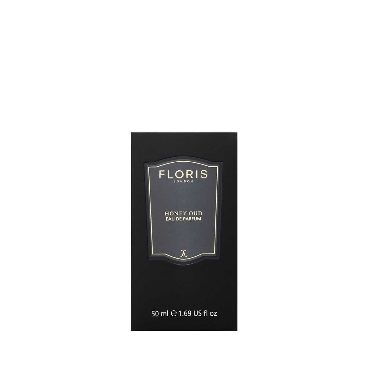 Black box labeled "Floris London Honey Oud - Eau de Parfum," 50 ml, featuring rich oud oil and sweet English honey notes.