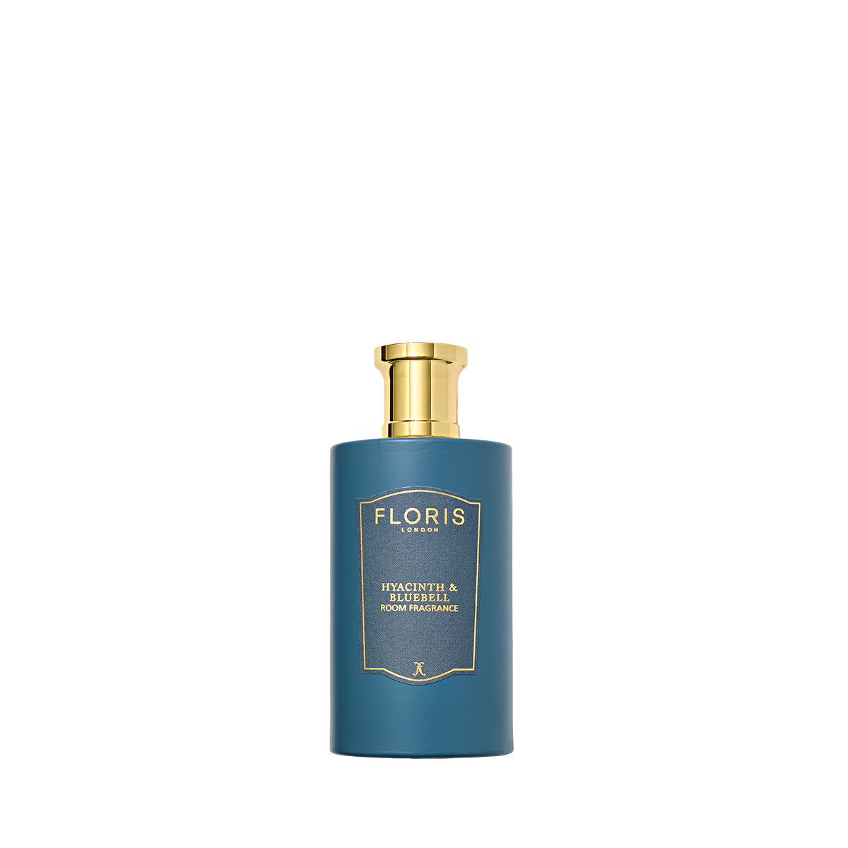 Blue cylindrical perfume bottle by Floris London, gold cap and label, "Hyacinth & Bluebell - Room Fragrance" text, exuding a green floral scent.