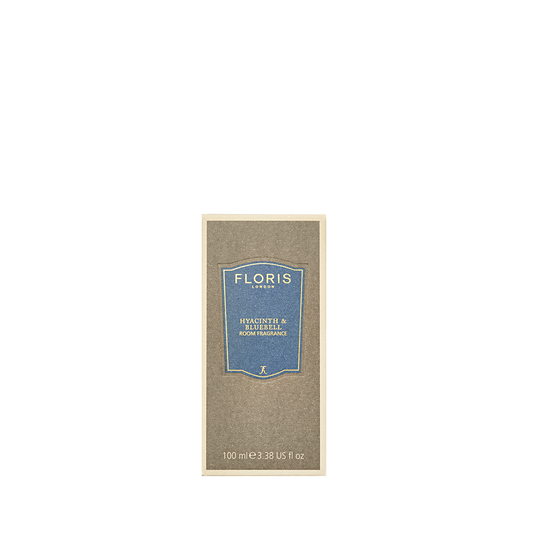 Floris London's Hyacinth & Bluebell Room Fragrance, 100 ml, features a green floral scent with spring flower notes and a beige and blue label.