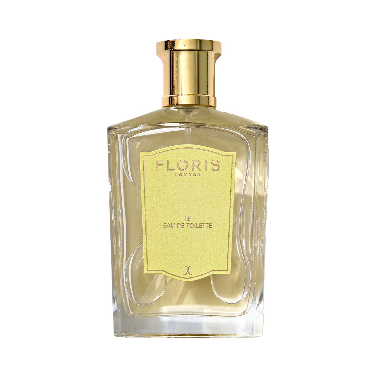A Floris London JF Eau de Toilette bottle features a gold cap and yellow label, offering a citrus-woody fragrance for men.