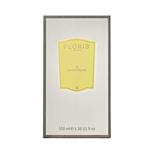 Floris London's JF Eau de Toilette for men, a citrus and woody fragrance, comes in a 100 ml bottle within a white box featuring a yellow label.