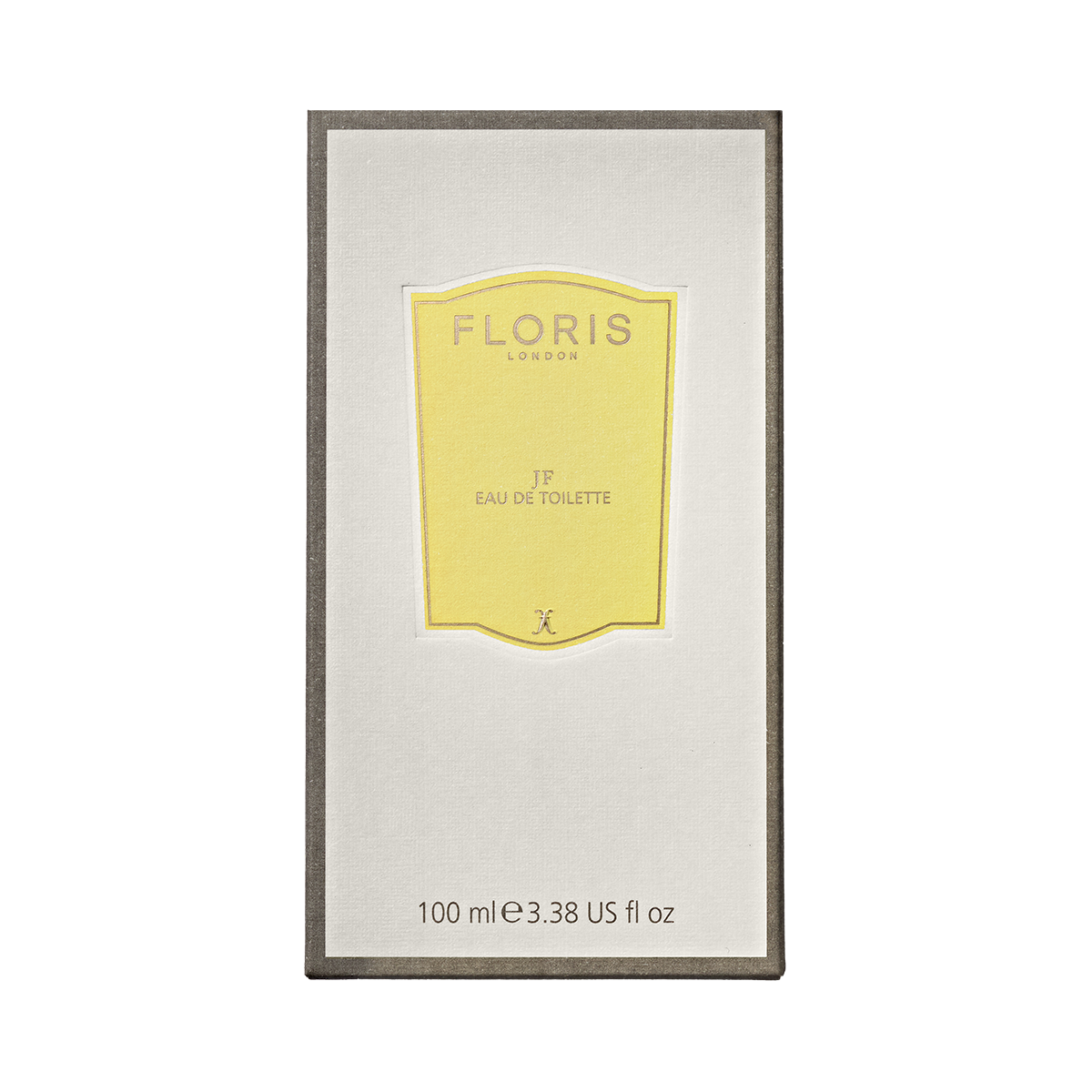 Floris London's JF Eau de Toilette for men, a citrus and woody fragrance, comes in a 100 ml bottle within a white box featuring a yellow label.