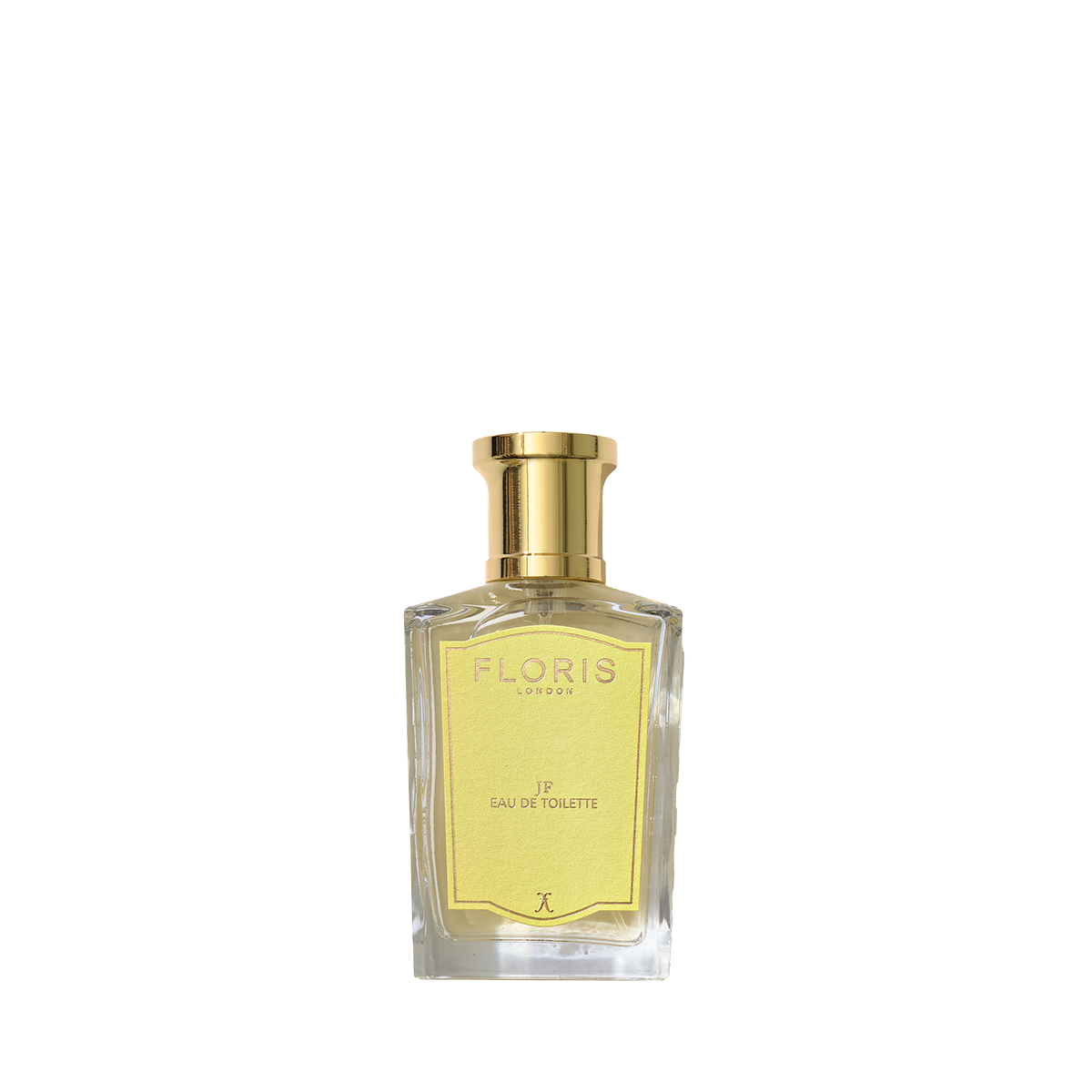 A clear glass bottle of Floris London's JF - Eau de Toilette with a gold cap, yellow label, and a refreshing blend of citrus and woody notes for men.