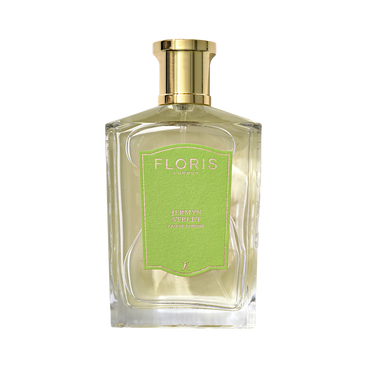 Floris London Jermyn Street Eau de Parfum comes in a clear glass bottle with a green label, gold cap, and a hint of gin fragrance.