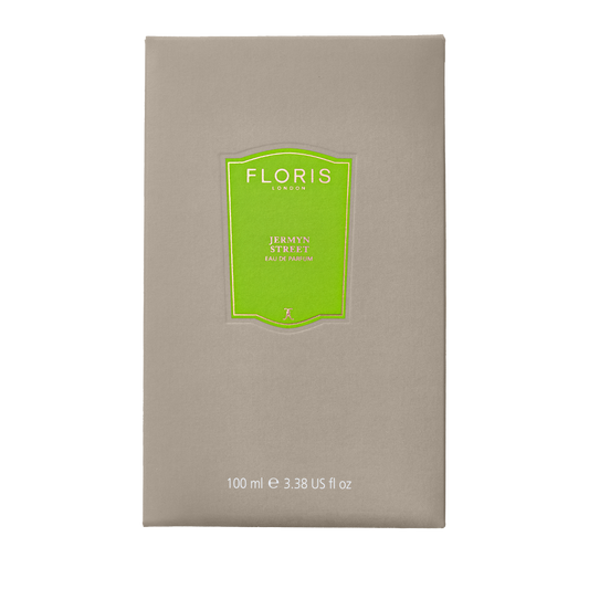 Beige Floris London box with bright green label for Jermyn Street Eau de Parfum, 100 ml, featuring the crisp scent of gin.