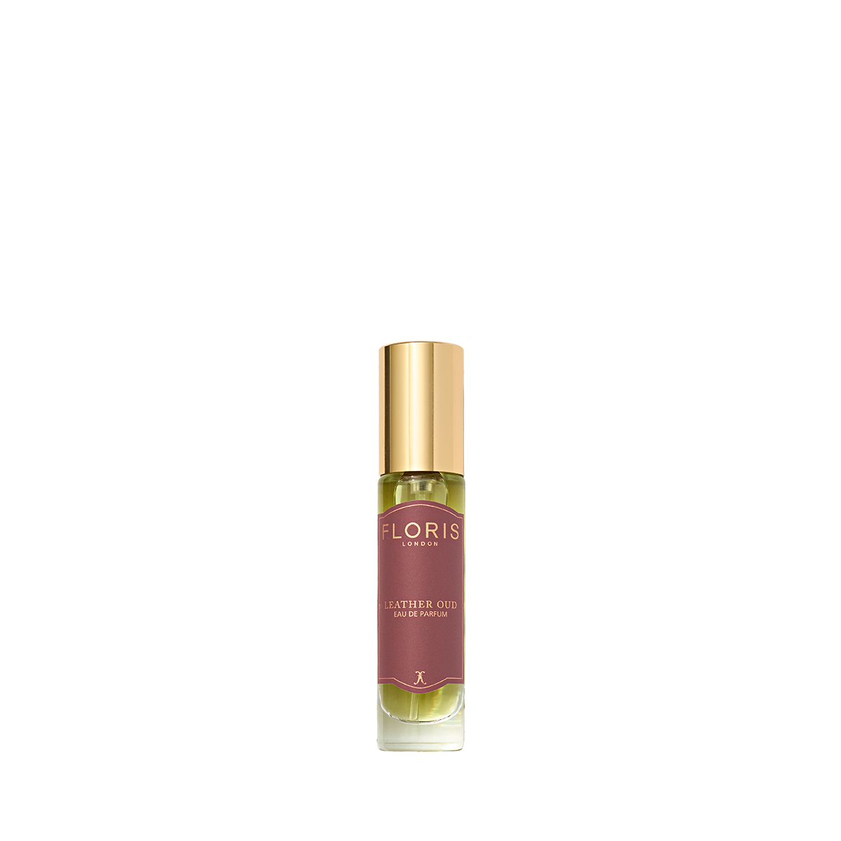Floris London's Leather Oud Eau de Parfum bottle, with a gold cap and maroon label, displayed on a clean white background.