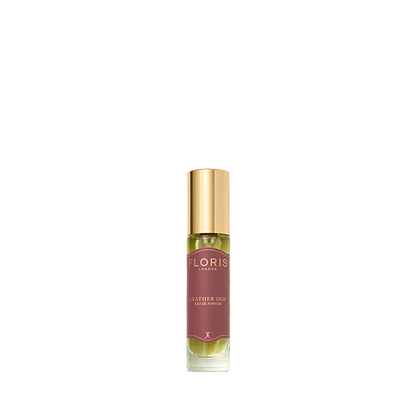 Floris London's Leather Oud Eau de Parfum bottle, with a gold cap and maroon label, displayed on a clean white background.