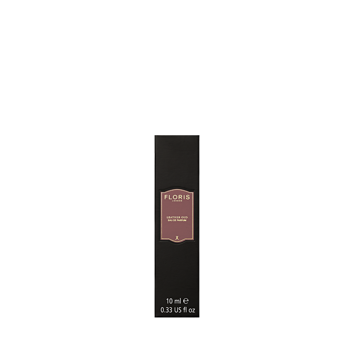 Floris London's Leather Oud Eau de Parfum, 10 ml, comes in a black rectangular box and offers a rich aroma infused with oud oil.