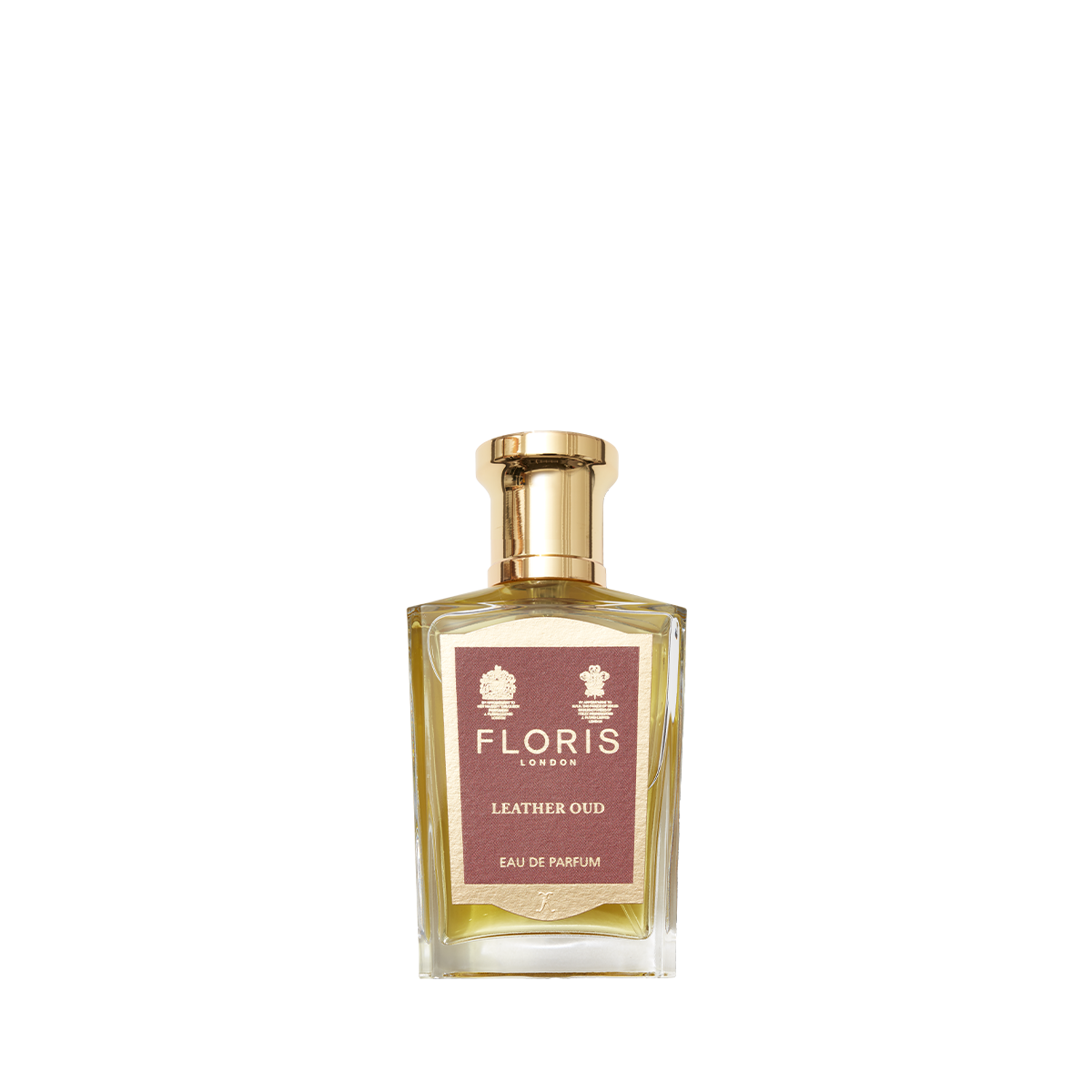 A bottle of Floris London's Leather Oud Eau de Parfum, enriched with oud oil, features a gold cap and label.