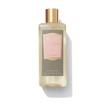 Clear bottle with Lily pink label on