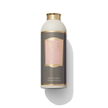 White fragrance powder bottle with Lily label on