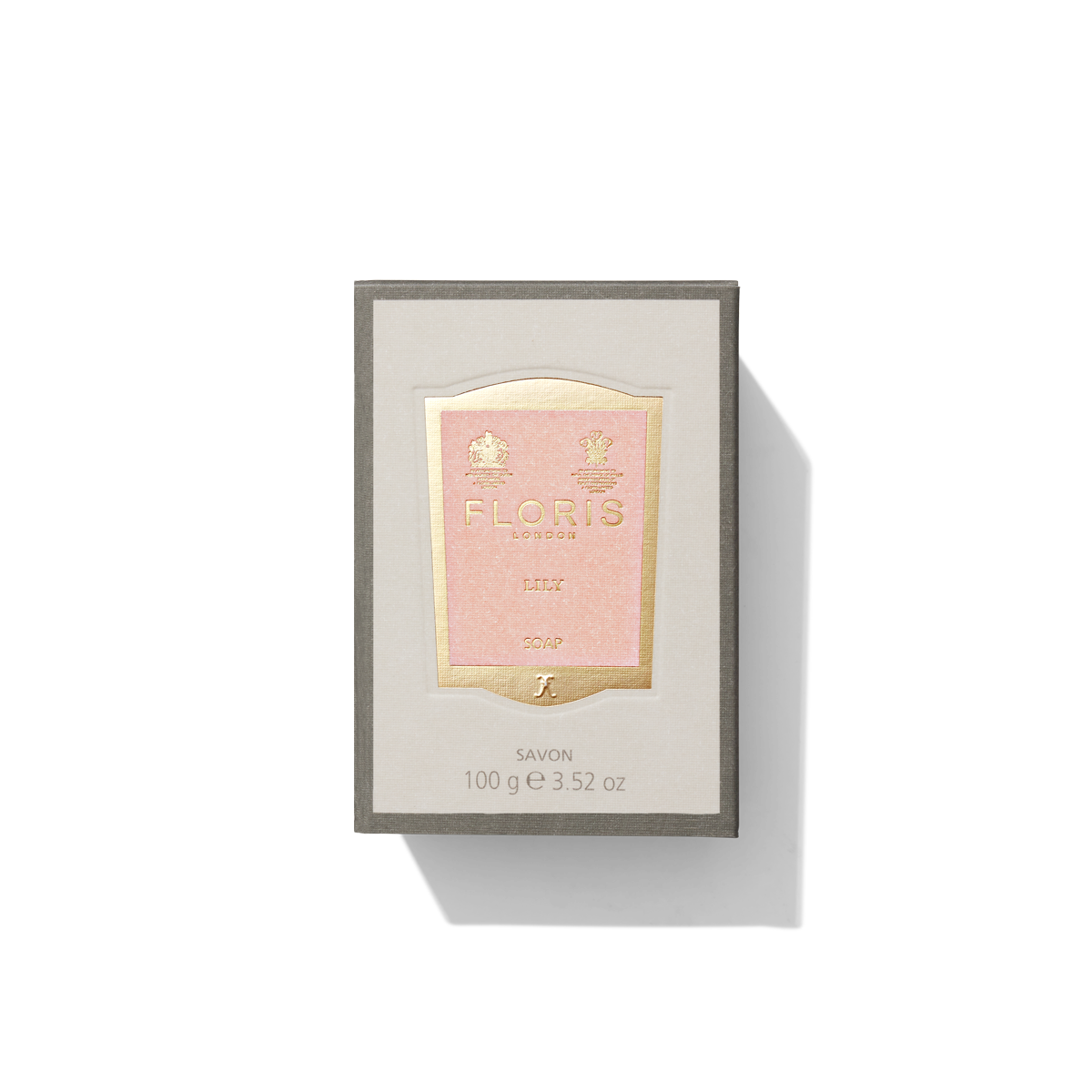 white soap box with pink lily label on
