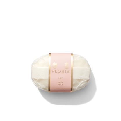 Wrapped Lily soap with Pink label on