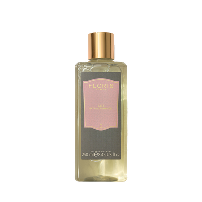 Floris London's Lily Bath & Shower Gel, 250ml, has a gold cap and offers a luxurious floral fragrance with hints of lily of the valley.