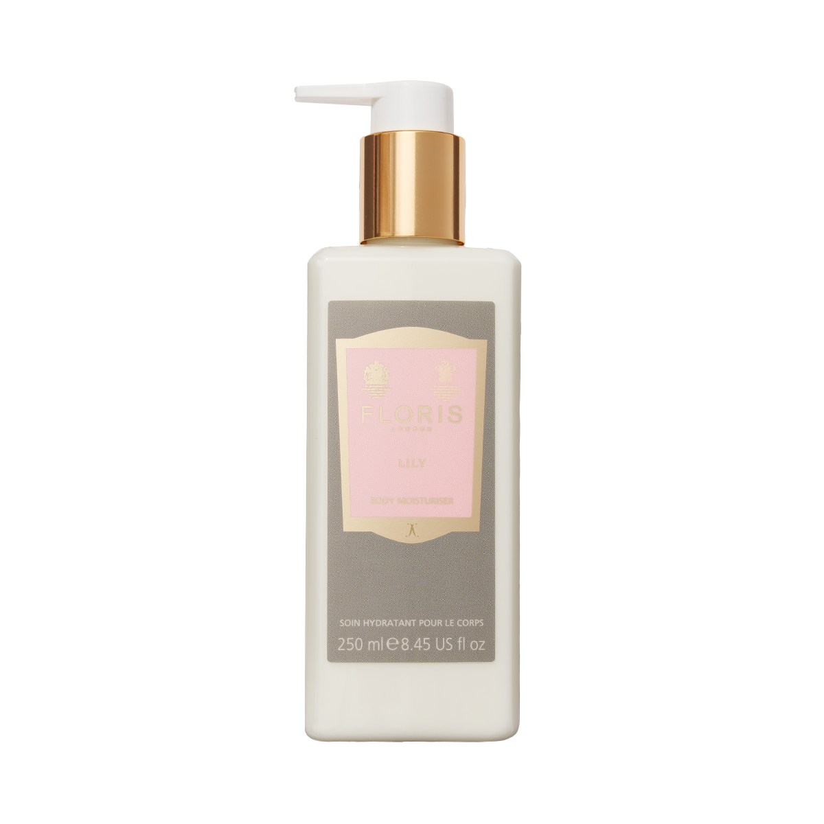 Floris London Lily Body Moisturiser in a white 250ml bottle with a gold pump and label, enriched with soothing aloe vera.
