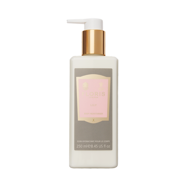 Floris London Lily Body Moisturiser in a white 250ml bottle with a gold pump and label, enriched with soothing aloe vera.