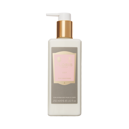 Floris London Lily Body Moisturiser in a white 250ml bottle with a gold pump and label, enriched with soothing aloe vera.