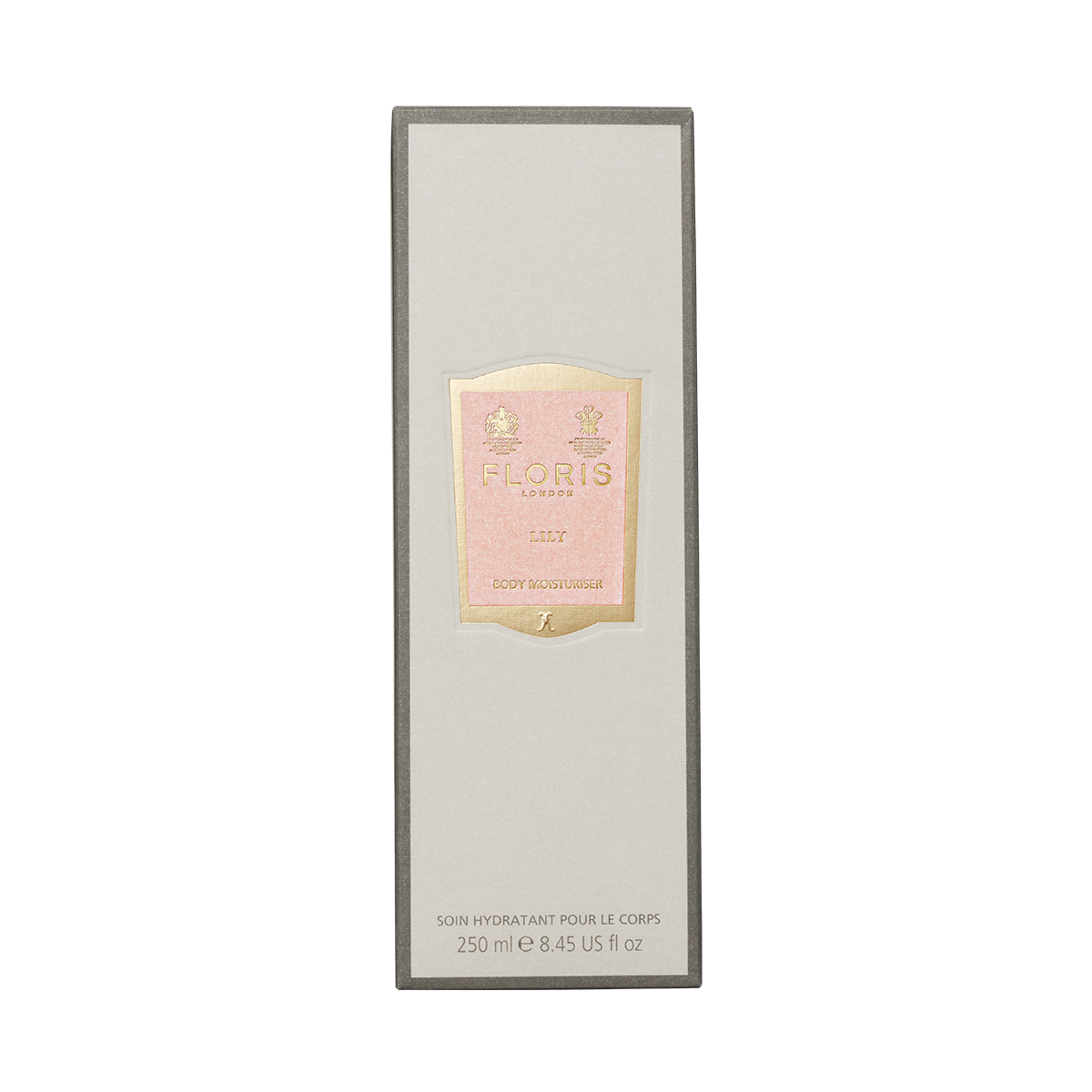 A rectangular box of Floris London Lily Body Moisturiser, 250ml, infused with Vitamin E.
