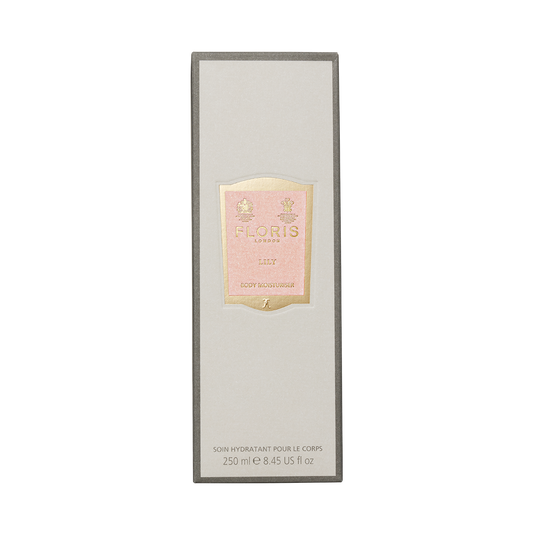 A rectangular box of Floris London Lily Body Moisturiser, 250ml, infused with Vitamin E.