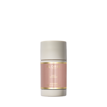 A Floris London UK Lily Deodorant Stick with a pink label and beige cap, enriched with Vitamin E for sensitive skin, set against a white background.