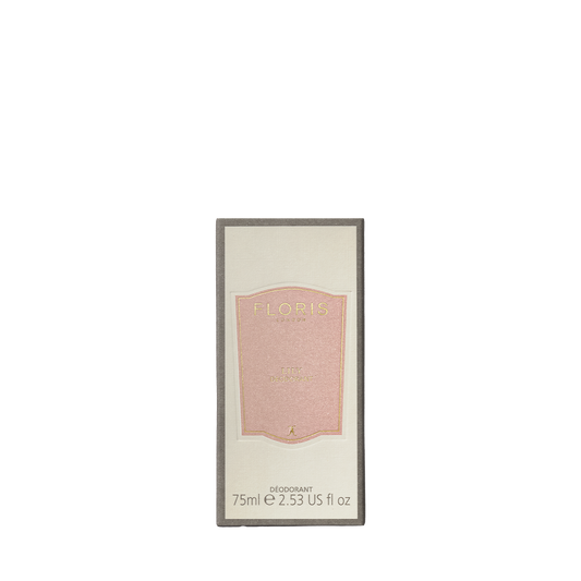 A Floris London UK Lily deodorant stick, 75ml capacity, with a pink label and antibacterial properties, perfect for sensitive skin.