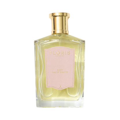 Floris London Lily - Eau de Toilette in a clear glass bottle with a pink label and gold cap, offering notes of Lily of the Valley.