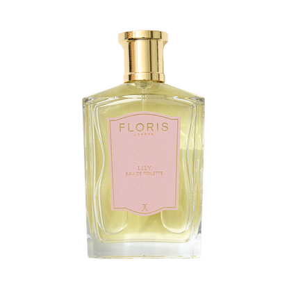Floris London Lily - Eau de Toilette has a gold cap, pink label, and features Lily of the Valley and delicate white tea notes.
