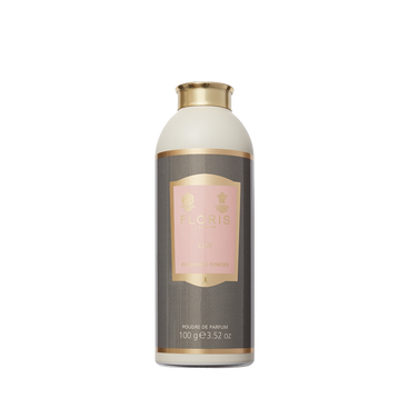 A 100g cylindrical bottle of Floris London's Lily-Fragrance Powder, with a pink label and gold accents, delivers a lily-floral aroma.