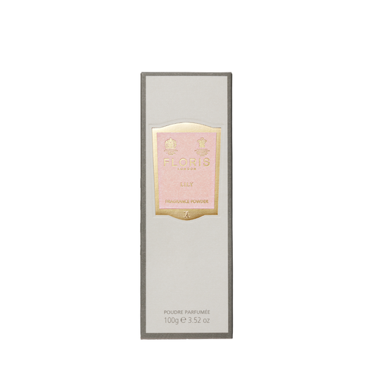 Floris London's "Lily - Fragrance Powder" comes in a rectangular box with gold accents, offering a delicate lily scent.