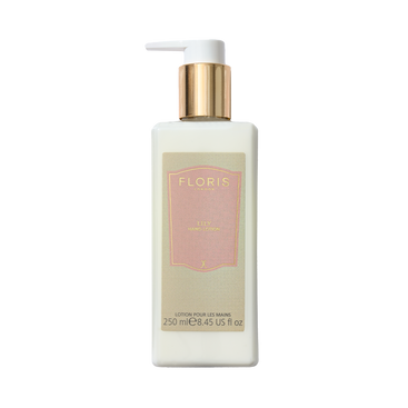 A 250ml bottle of Floris London Lily Luxury Hand Lotion with a pump, infused with vitamin E and featuring a pink label.