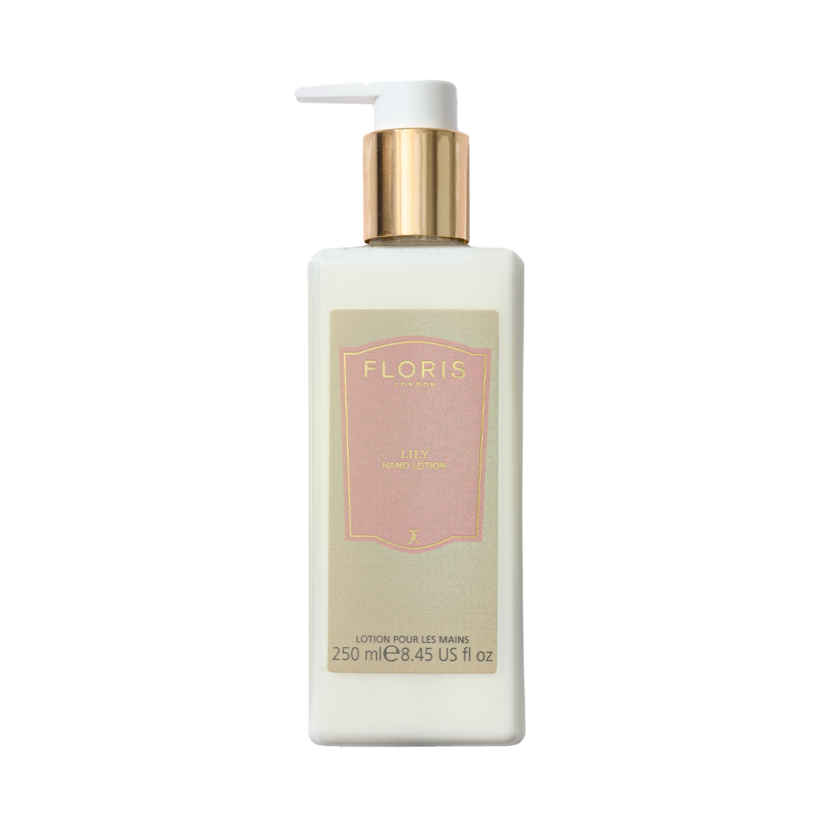A 250ml bottle of Floris London Lily Luxury Hand Lotion with a pump, infused with vitamin E and featuring a pink label.