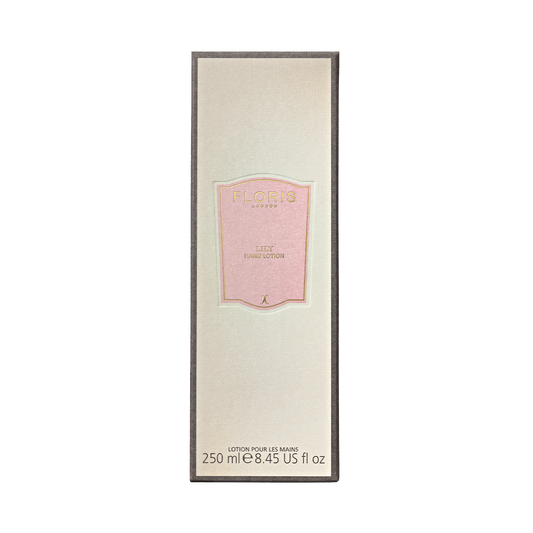 Floris London's Lily Luxury Hand Lotion, 250ml, comes in a rectangular box with a pink label and gold lettering, enriched with sweet almond oil and vitamin E.