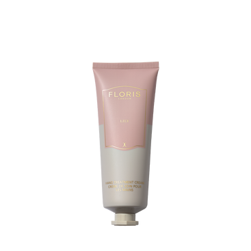 Pink and beige tube of Floris London Lily Hand Treatment Cream 75ml on a white background.