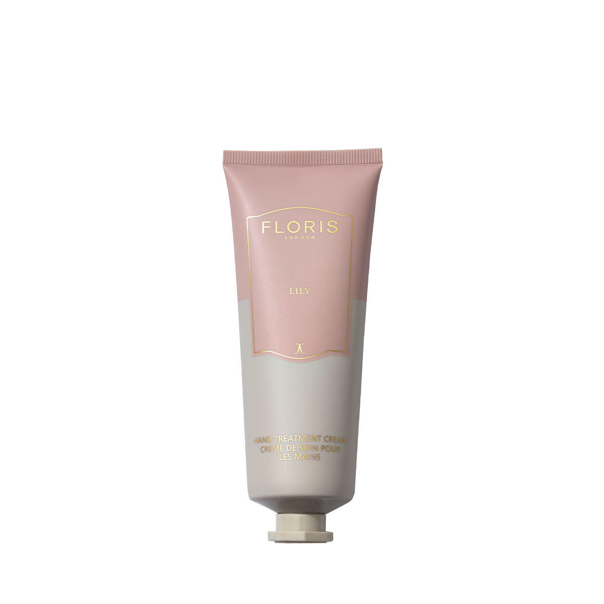 Pink and beige tube of Floris London Lily Hand Treatment Cream 75ml on a white background.