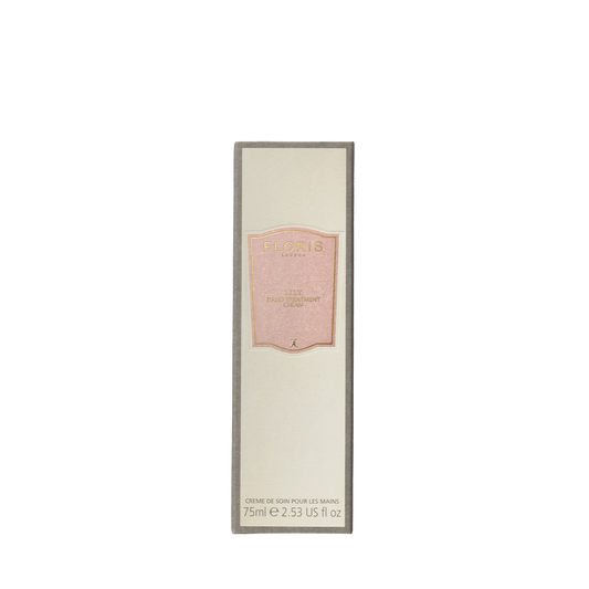Rectangular box features a pink label with "Floris London" and "Lily - Hand Treatment Cream 75ml." This luxury hand cream includes Lily of the Valley.