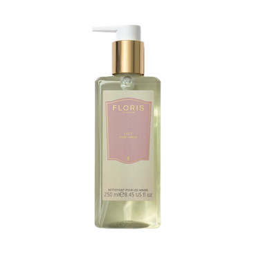 Floris London's Lily Luxury Hand Wash 250ml comes in a clear pump bottle with gold accents.
