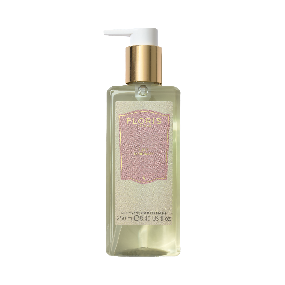 Floris London's Lily Luxury Hand Wash 250ml comes in a clear pump bottle with gold accents.