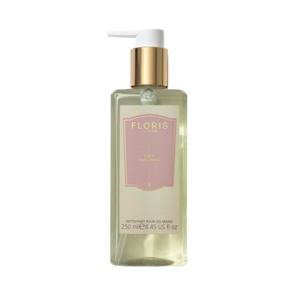 Floris London's Lily Luxury Hand Wash 250ml comes in a clear pump bottle with gold accents.