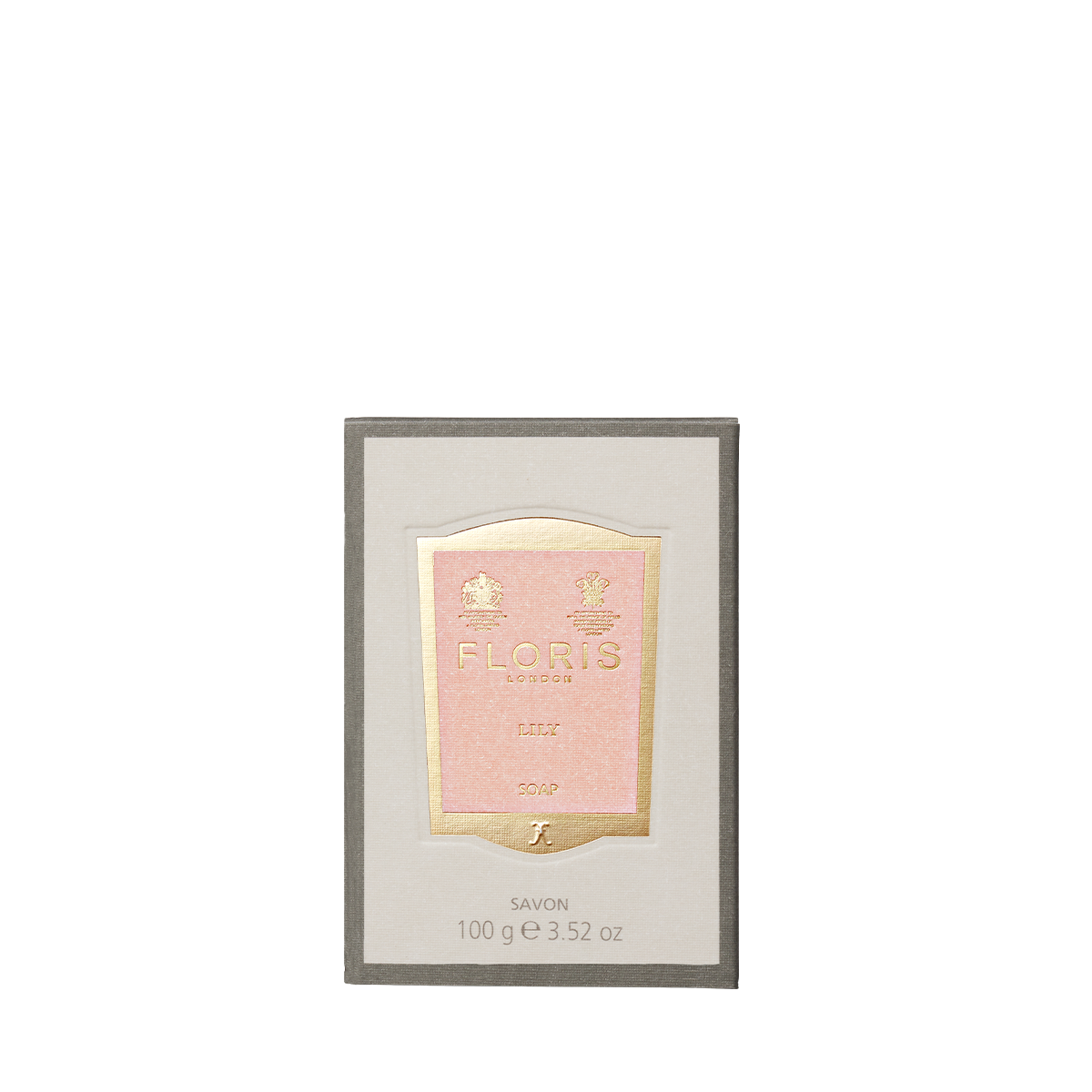 A 100g Lily Soap by Floris London with a vegetable base and shea butter, in a beige and pink box.