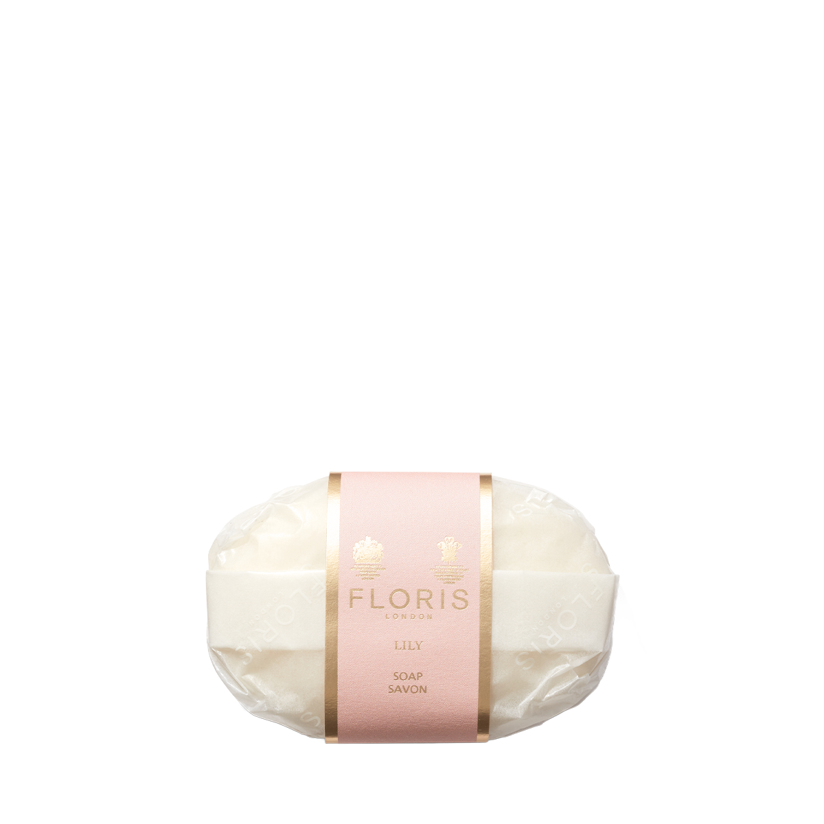 Floris London Lily Soap: Wrapped hand soap with pink label, gold accents, "Lily" and "Soap Savon" text, enriched with shea butter for a luxurious feel.